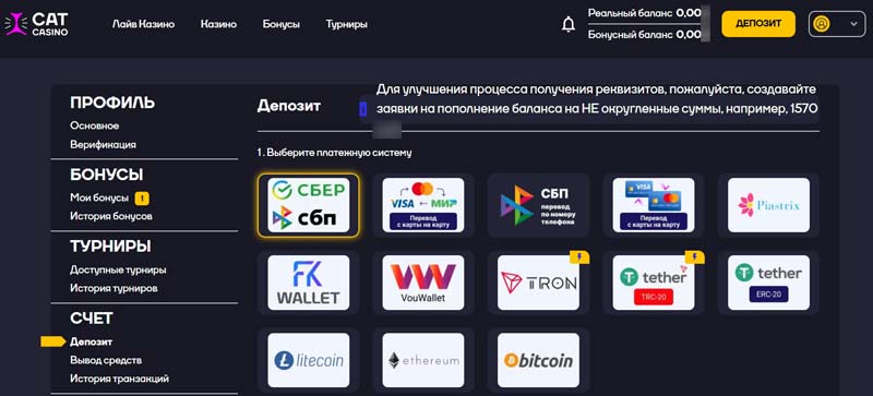 Пополнение счета в Cat Casino
